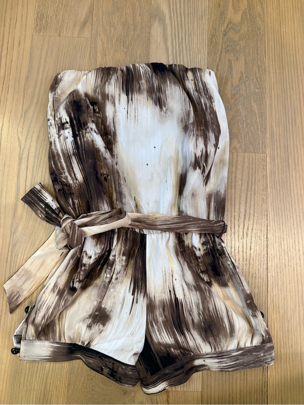 Guess Strapless Brushstroke Romper in Brown & Cream
